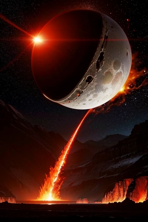 black hole with a red light inside, radioactive molten core of magma, mechanized earth crust, the earth sprouts lava, earth's red mantle is visible, hollow earth, vtm, canyons and ridges all across earth, the whole world on fire ablaze, stars and galaxies in the background, doomsday