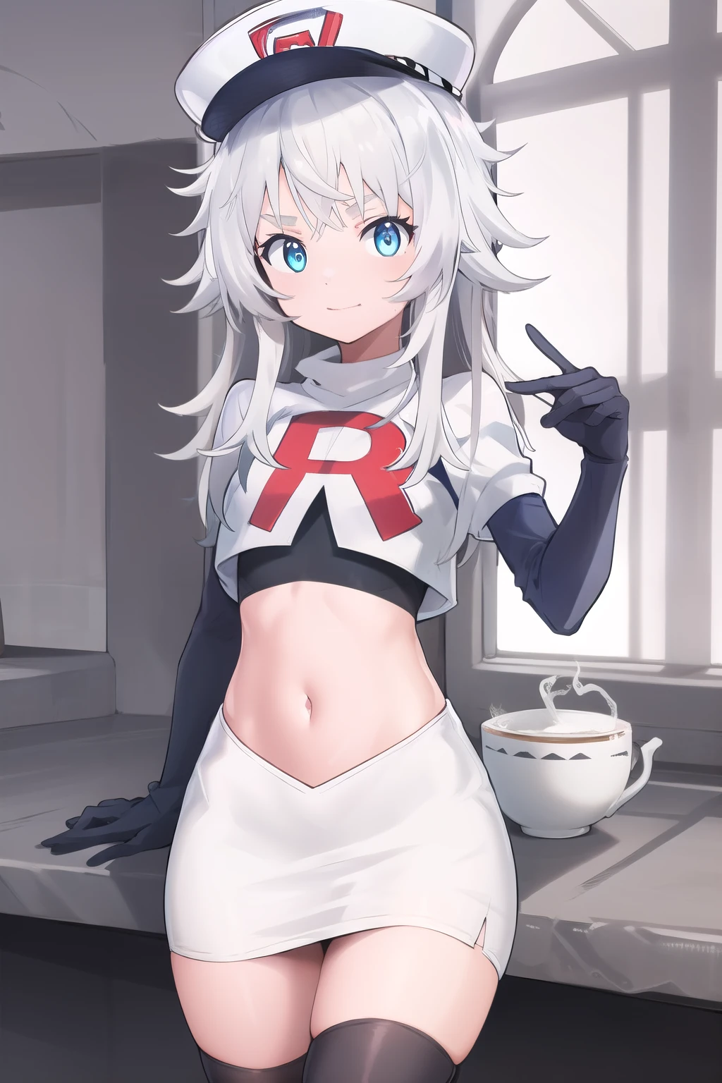 masterpiece, best quality, highres, 1girl, solo, long hair, hat, blue eyes, white hair, messy hair, team rocket,team rocket uniform,white skirt,red letter R,crop top,black thigh-highs,black elbow gloves
