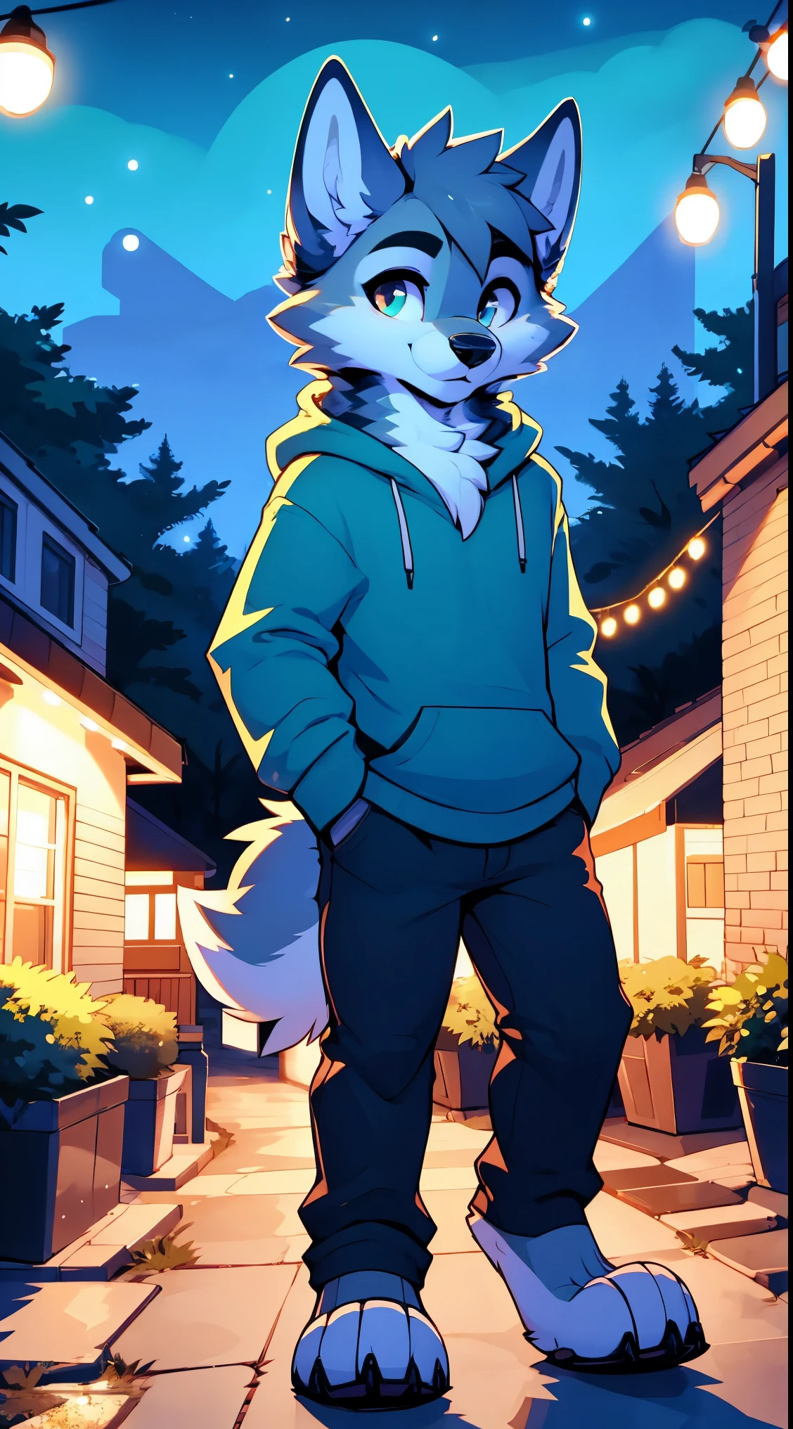 a full body, anthropomorphic green wolf kid wearing a blue hoodie, pants, wolf face, cute face, glossy fur, big fluffy neckfur, posing for a picture in a hill at night with a city in the distance