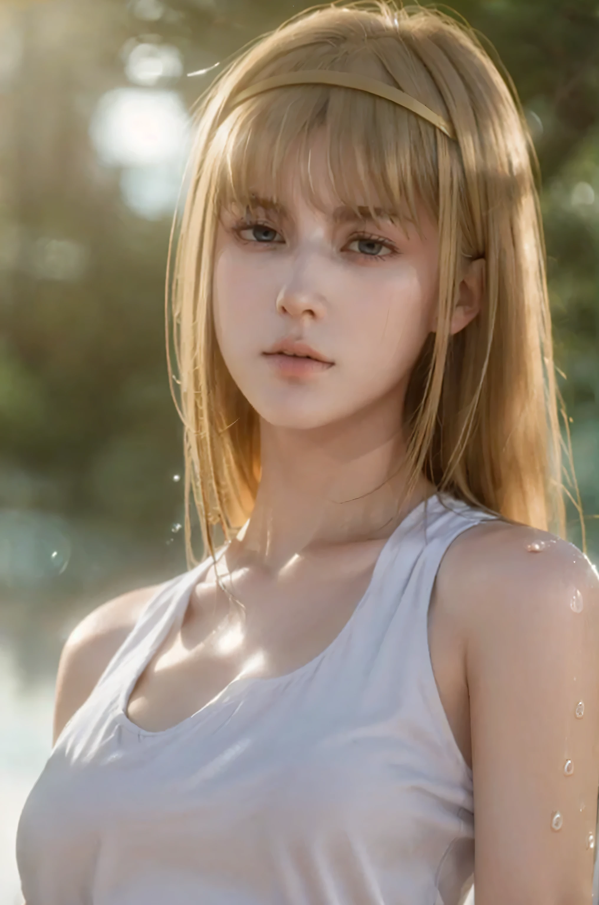 Simple White Background, white shirt,collarbone, cleavage, bare shoulders, armbands, blue eyes, blonde hair,bangs,Long_hair,hairband, (nipples), wet clothes, transparent clothes, see through clothes, 1 girl, 20 yo,female,Beautiful Finger,Beautiful long legs,Beautiful body, Beautiful Nose,Beautiful character design, perfect eyes, perfect face,expressive eyes,perfect balance, looking at viewer,(Focus on her face),closed mouth, official art,extremely detailed CG unity 8k wallpaper, perfect lighting,Colorful, Bright_Front_face_Lighting,White skin, (masterpiece:1.0),(best_quality:1.0), ultra high res,4K,ultra-detailed, photography, 8K, HDR, highres, absurdres:1.2, Kodak portra 400, film grain, blurry background, bokeh:1.2, lens flare, (vibrant_color:1.2),professional photograph, (Beautiful,large_Breasts:1.4), (beautiful_face:1.5),(narrow_waist),