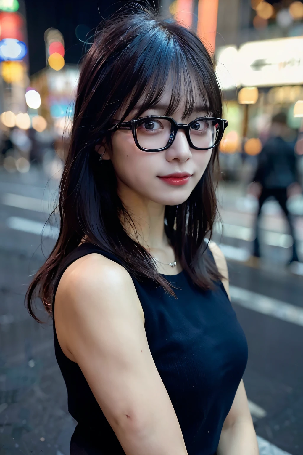 (highest quality、8k、32k、Masseter muscle area、Hmph:1.2)、profile、(Slim figure:1.2)、(Lips) 、19 years old、Cute pose、Unbelievably ridiculous、(Akihabara at night:1.3)、Wear glasses、huge 、double eyelid、Glowing Skin、Realistic Layer、Beautiful Face、(Laughter:1.3)、squat、(From above:1.2)、(Close-up:1.4)、Blurred Background、(Front Focus)、(dark: 1.6)、Fantasy art、Photorealistic、Professional Lighting、Highly detailed face、Awards、Deep Shadow