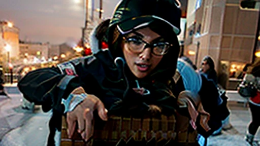 brunette curvy ssbbw wearing leggings and a hoodie with glasses and a baseball cap stuck in the chimney