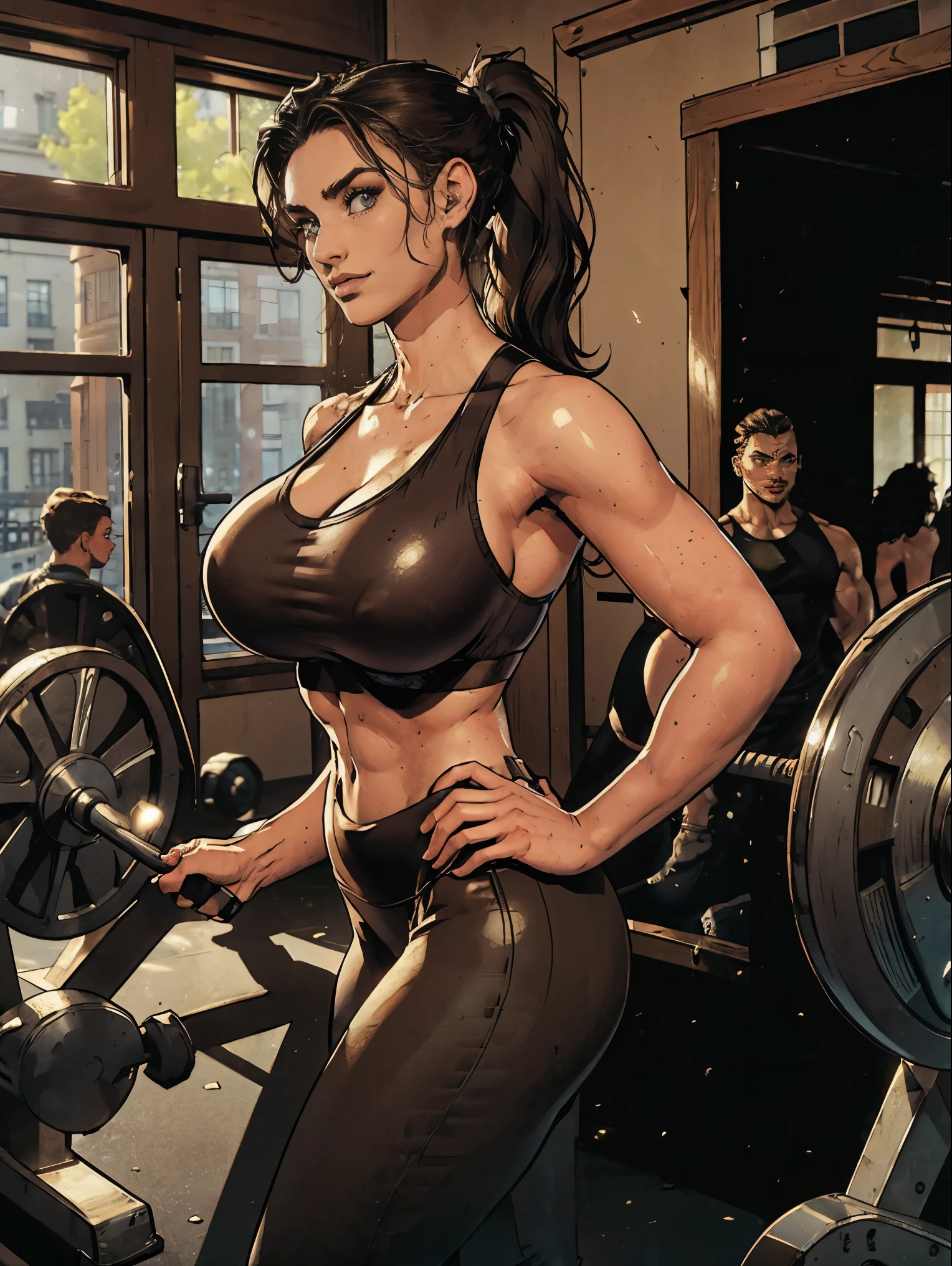 (masterpiece, top quality, best quality, official art, beautiful and aesthetic:1.2), (1girl:1.3), (gorgeous face), light freckles, fair skin, long ponytail, extremely detailed, portrait, looking at viewer, solo, (full body:0.6), detailed background, close up, (airy modern theme:1.1), extremely busty gym girl, ponytail, big lips, arched back, flexing her bicep, charlatan, smirk, mysterious, standing in the gym, sports bra, leggings, headphones, wet, workout gear, weight machines, windows, modern gym, well-lit, thin and toned physique, gigantic breasts, cleavage, skindentation, slim waist, slim hips, long legs, modern (gym interior:1.1) background, dark mysterious lighting, shadows, magical atmosphere, dutch angle,