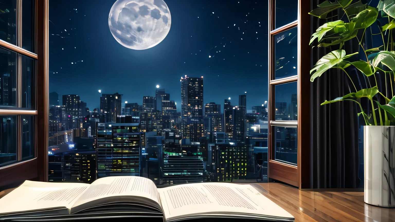 City night view、moonlight、Foliage plant、Book、Dark Room、4K、8K、Anime Style