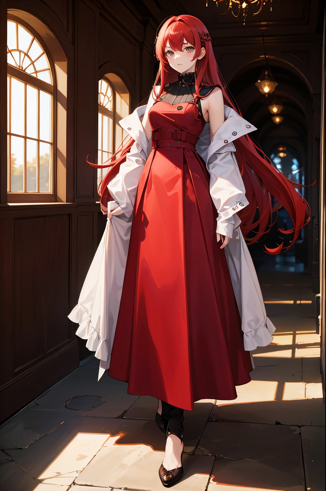 1woman, red hair, long hair, dress, standing on ground, high res, ultra sharp, 8K, masterpiece