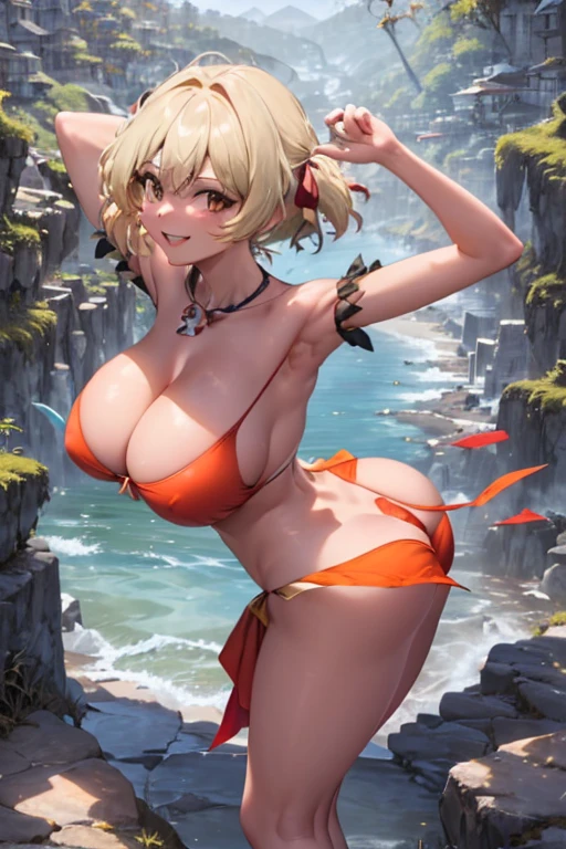 masterpiece, best quality, beautiful art, high resolution, well formed hands, body and fingers, 1 woman, solo, Lumine, grown up, long hair, adult, big breasted, cleavage, hair ribbon, wearing a Mii outfit, full body, sexy and skimpy jungle bikini, pelvic curtain, gorgeous legs and thighs , dancing seductively and erotically, turning backwards and forwards, showing her back and front, showing her butt, t -back, bikini thong, smiling joyfully, looking at the viewer, flirting, beach environment