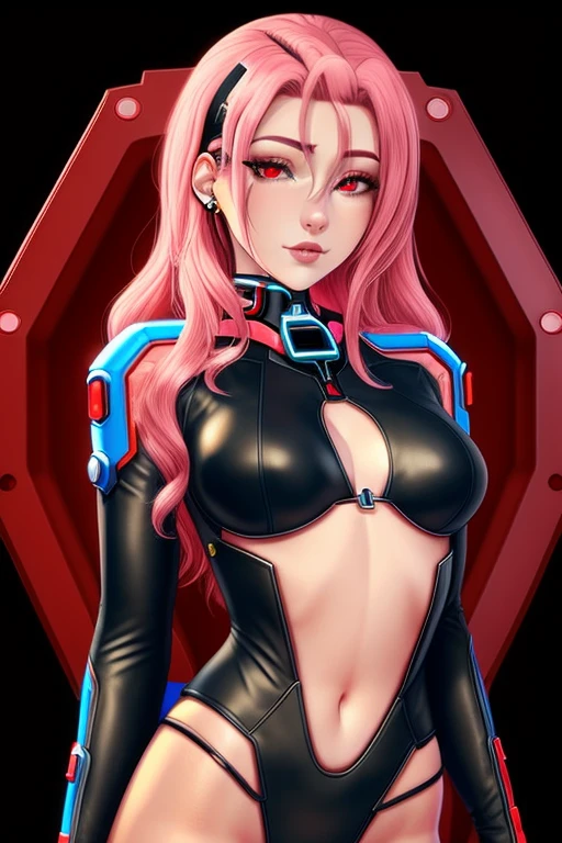 portrait of a woman in the style of pink hair, red eyes, in a futuristic leather black suit, with a red background