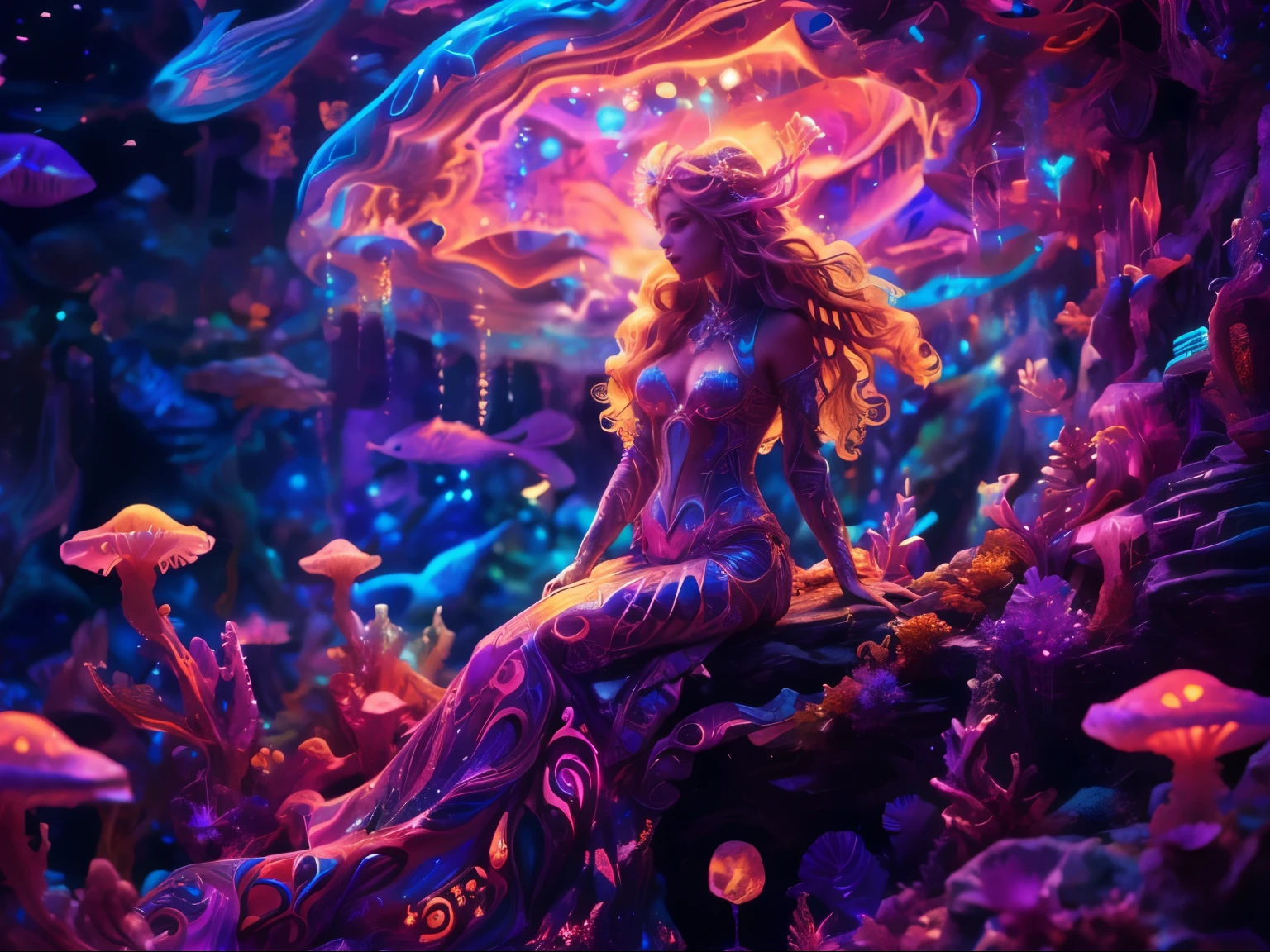 una mujer sentada sobre una roca en una colorida escena submarina, detailed fantasy digital art, colorfull digital fantasy art, Arte digital 4k muy detallado, Fantasy art behavior, hermosa obra de arte digital, digital fantasy art ), detailed fantasy art, solo una broma, Arte detallado de alta calidad 8k, fantasy digital art, digital art fantasy art, hermoso arte UHD 4K