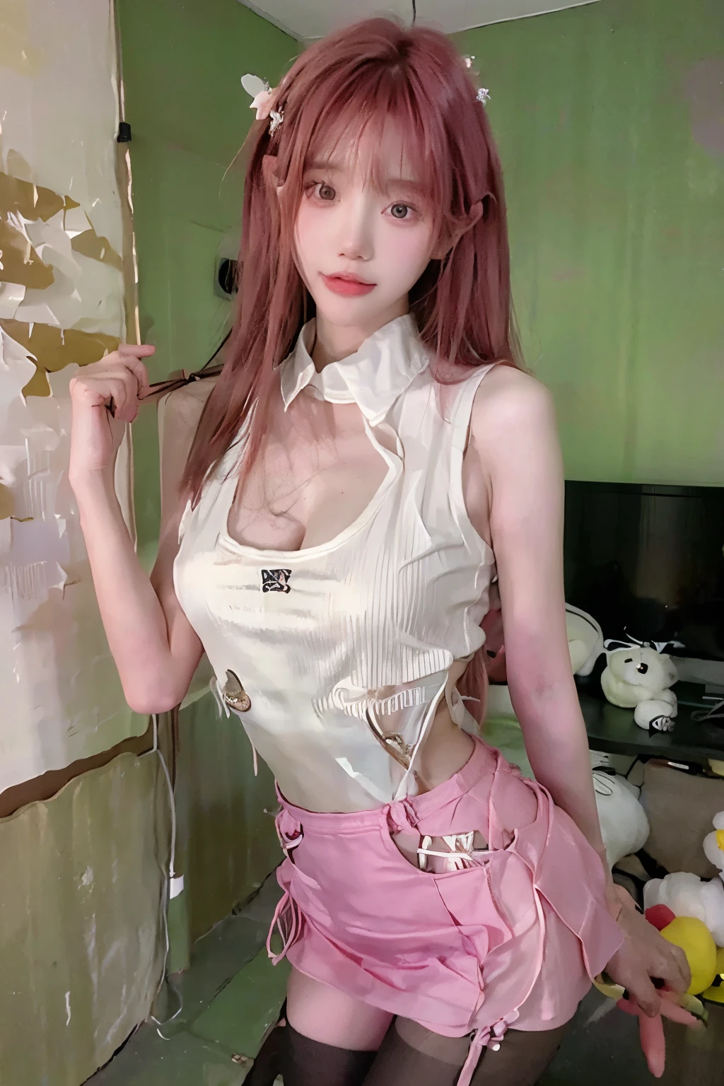 Beautiful woman with perfect body：1.4，Layered Hairstyle，Prominent cleavage，Highly detailed face and skin textures，Double eyelids，Skin Whitening，Long hair，Whitened long legs，Pink Hair，（Sleeveless vest，miniskirt，Black pantyhose）Stand in the living room