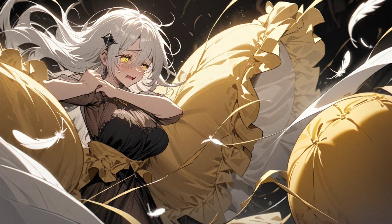 A woman, flowing white hair, melancholy eyes, yellow pupils, black diamond-shaped hairpin, A woman is cutting up a Tattered super huge golden silk cushion with scissors in a dirty way. Tiny feathers are dancing, crying, She wears a see-through gown