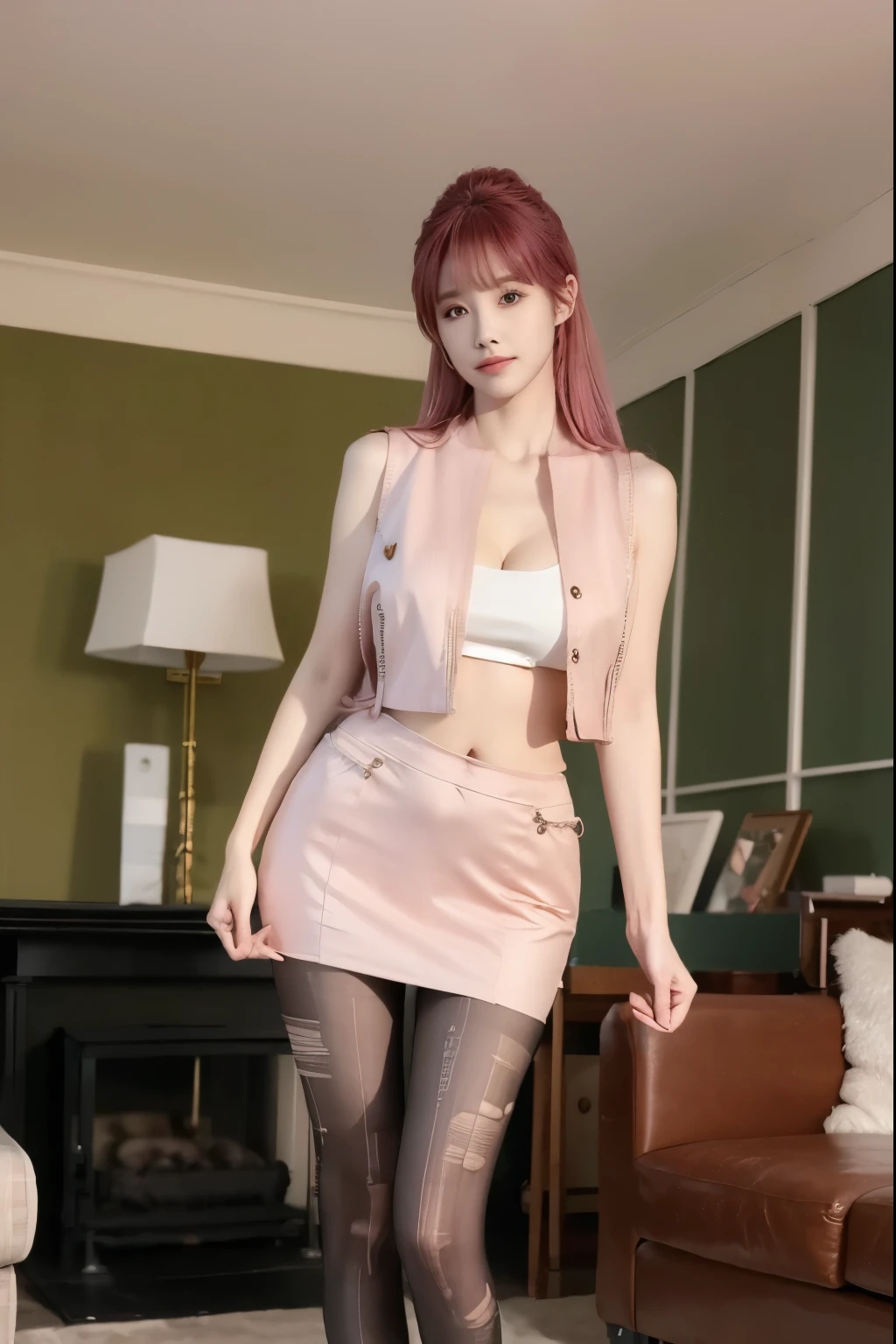Beautiful woman with perfect body：1.4，Layered Hairstyle，Prominent cleavage，Highly detailed face and skin textures，Double eyelids，Skin Whitening，Long hair，Whitened long legs，Pink hair，（Tight-fitting sleeveless vest，miniskirt，Black pantyhose）standing in living room