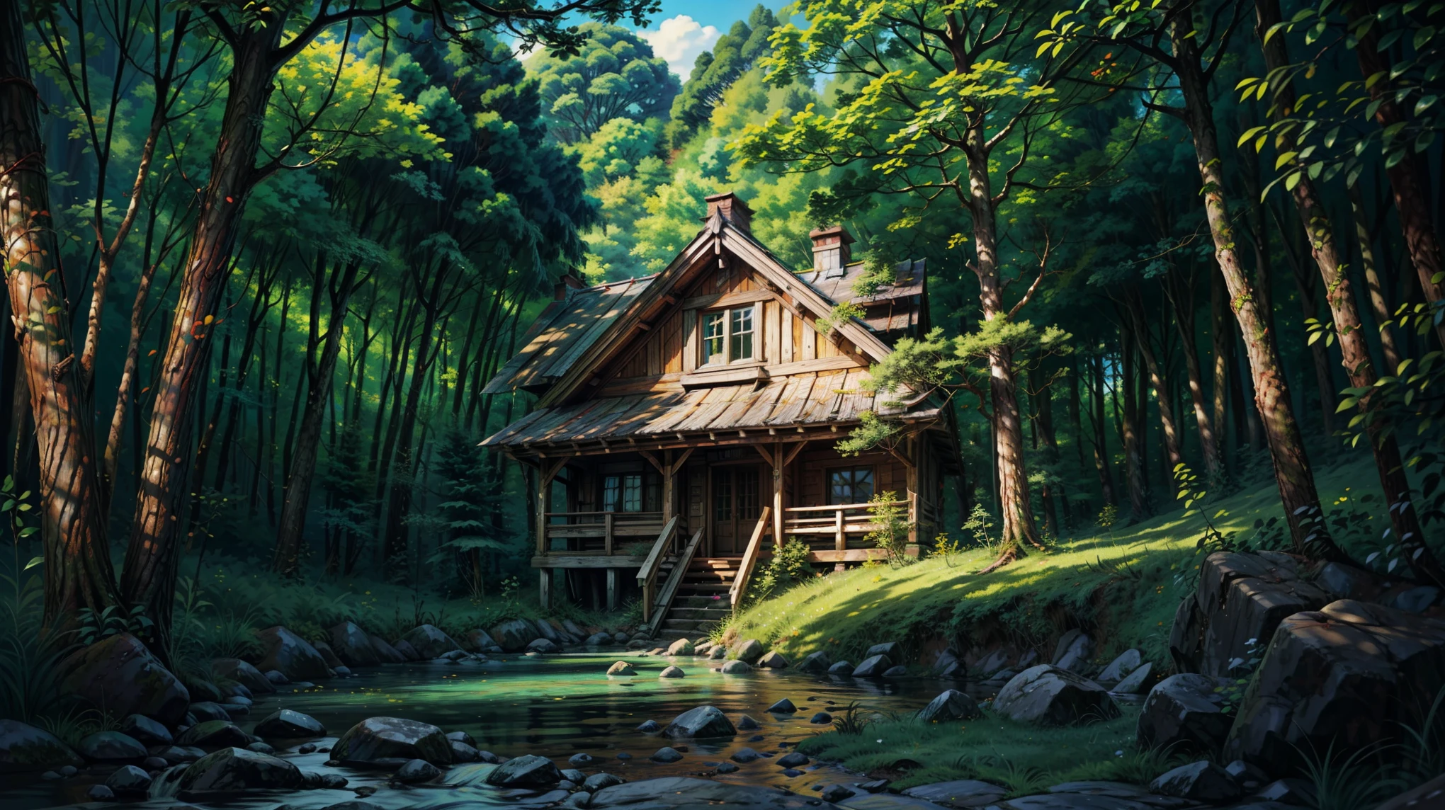 ciberpunk, quebrado, there is a dense primeval forest with many photos of old house constructions, ciberpunk, quebrado, there are many stones, fundo verde exuberante da floresta, thick tree background, prado grande, fundo da arena, fundo do jogo, fundo de floresta exagerado, estilo de desenho animado