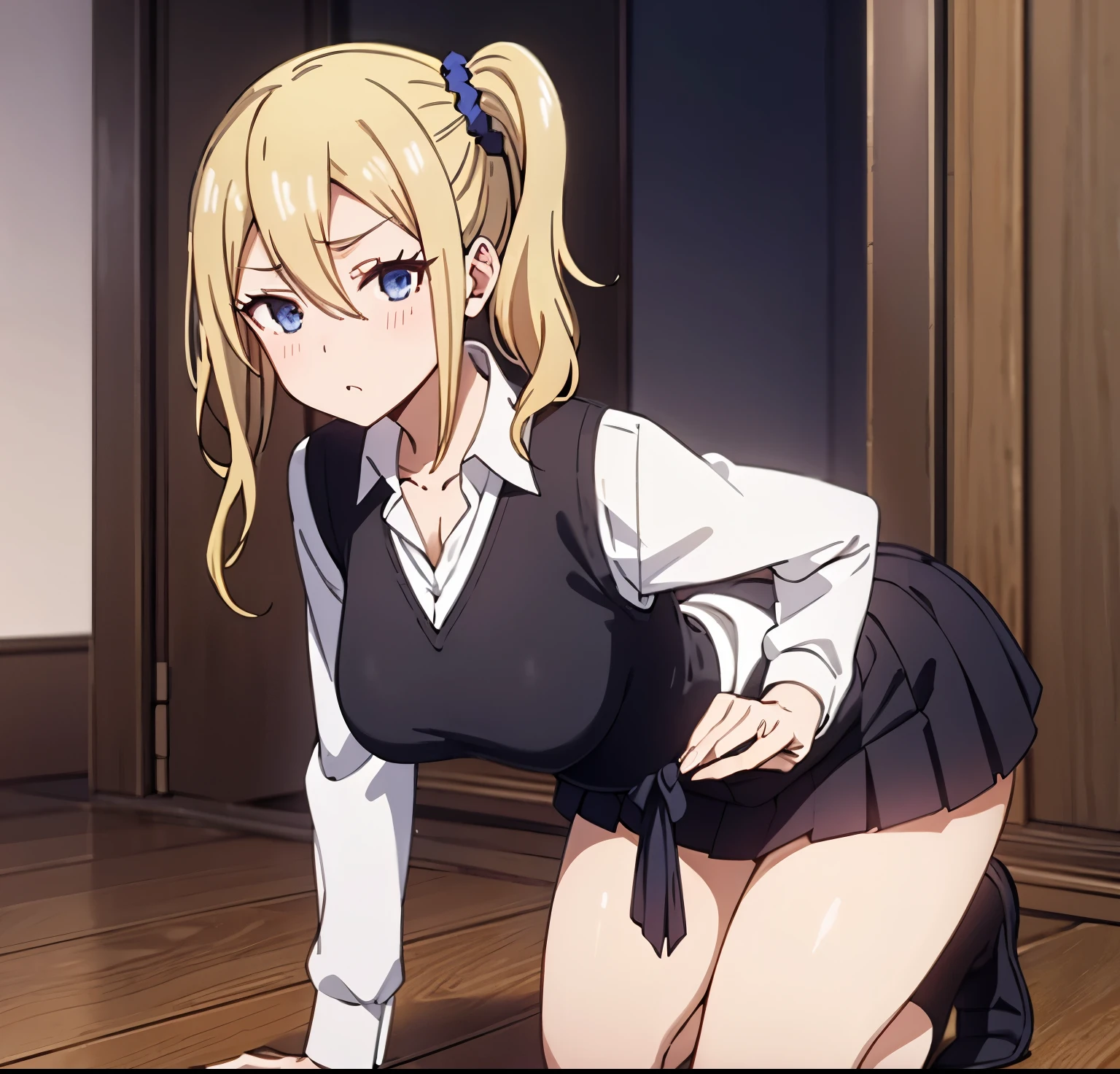 1girl,alone, Ai Hayasaka,masterpiece,best quality,high resolution,ultra detailed,dynamic pose,cowboy shot,detailed eyes,perfect fingers,looking at viewer,perfect body,blue scrunchie,side ponytail,hair between eyes , blue eyes, blonde hair, hair ornament, medium breasts, narrow waist, wide hips, wide thighs, round butt, , white collared shirt, clothes around the waist, bangs, black socks, black vest , long hair, long sleeves, cardigan, side locks, black knee-high stockings, dress shirt, necklace, collarbone, black dress, jewelry, black sweater, )),(dress lift:1.4),(black panties:1.2 ),(interior, school classroom, window, sunset), (standing), tears, frown, looking back, from behind, ((focus on butt)), pov(from below), perfect anatomy, perfect hands