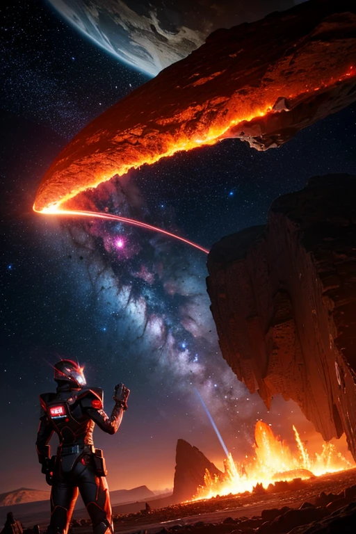cybernetic planet on fire, mechanized earth crust, the earth sprouts lava, earth's red mantle is visible, hollow earth, vtm, canyons and ridges all across earth, volcanoes erupting, stars and galaxies in the background