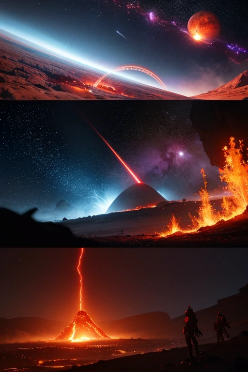cybernetic planet on fire, mechanized earth crust, the earth sprouts lava, earth's red mantle is visible, hollow earth, vtm, canyons and ridges all across earth, volcanoes erupting, stars and galaxies in the background