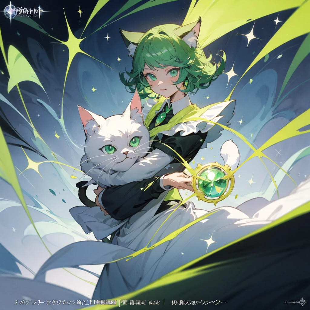 Black and white anime characters wearing green lights, Key anime art, portrait of magical girl, Detailed key anime art, style of magical girl, official character art, anime cat girl in a maid costume, sparkling magical girl, magical , Splash art anime , tatsumaki, carrying a magical staff, official character illustration