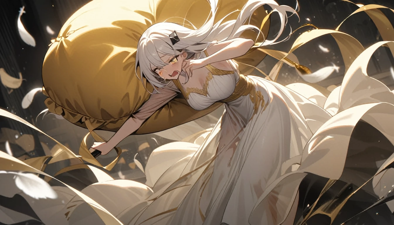 A woman, flowing white hair, melancholy eyes, yellow pupils, black diamond-shaped hairpin, A woman is cutting up a Tattered super huge golden silk cushion with scissors in a dirty way. Tiny feathers are dancing, crying, She wears a see-through gown