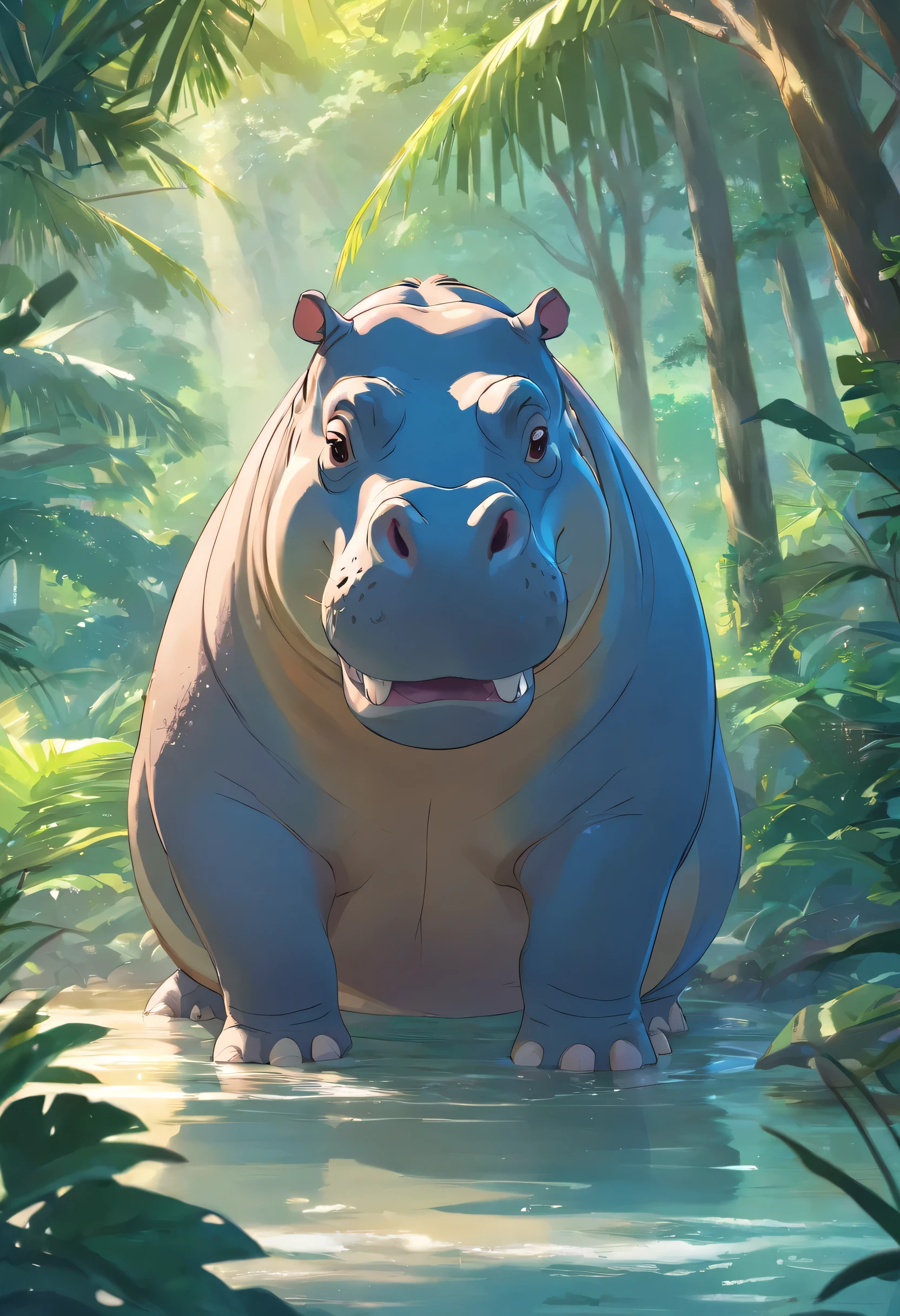 A hippopotamus,Un cocodrilo,They drink coconuts under the trees.,