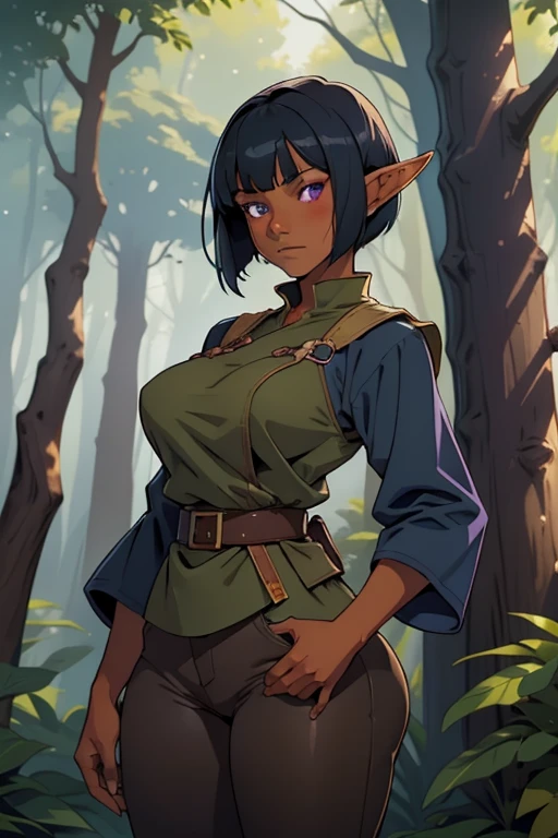 (masterpiece,best quality,absurdres,beautiful,aesthetic,detailed,cell shading),1girl faun ,autumn, forest, loose clothes (covering the whole body), large body, comic book style ,black hair,solo,cowboy shot,fantasy,tabard,outside,sun, faun's leg, faun's ear , short hair, black hair, many clothes