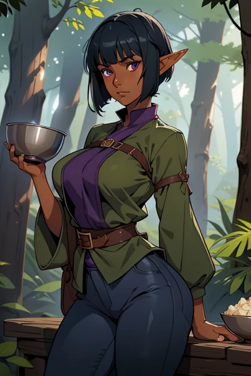 Solo, female, (dark blue skin), black hair, purple eyes, big breasts, tan tunic, forest, elf ears, (bowl cut), modest clothing, tight brown pants, deadpan expression, looking at viewer, breasts