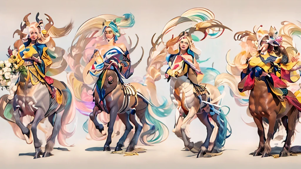 In the beautiful illustration of this super-grand scene，The ultra-distant lens shows us（More than eight distinctive Centaur characters：2.7），Their personality、Distinctive and vivid features。from（A radiant, angelic, snow-white centaur from heaven：1.1），arrive（Nightmare-like fiery red centaur surrounded by flames：1.1）、再arrive（Green Centaur, the wind fairy dancing in the air：1.1）、再arrive有（One-horned blue centaur surrounded by lightning：1.1），arrive（A mechanical-style mecha Centaur shining with metallic light：1.1）、再arrive（A powerful dragon-shaped centaur wearing colorful dragon scale leather：1.1）、再arrive（A slender elven centaur that is graceful and agile：1.1）Gracefully wears a flower crown、arrive（Enchanting and charming Tiflin centaurs：1.1）、再arrive（A succubus centaur with an indescribably sexy feeling：1.1）。Each Centaur character fully demonstrates his unique style。The illustration uses advanced artistic techniques and tools，Use nesting、Weaving、Splicing、perspective、interlude、Montage and other artistic techniques，Divide the scene into sections by geometric arrangement，Each part corresponds to a role，from而更有效地利用了空间，Make eight centaurs exist in one picture at the same time，（The style tends to be grotesque，abstract，fantasy，Gothic，Cthulhu，indescribable：3.3）。Through Midjourney's advanced brush tools、Color palette、Material packs和模型包、Texture tools，For each centaur, beautiful props are designed to increase racial characteristics、Clothing and physical features，Enhances the character's personality and visual appeal，The scenery in the illustrations is stunning，There are changing skies、rainbow、aurora、Stars and Moon。Incorporating iconic landmarks such as Mount Everest，and fireworks、Tranquil Lake、Natural and urban elements of waves and neon lights，Creates a magical atmosphere，Centaurs demonstrate their unique abilities and equipment in a variety of environments，This is true even in extreme alien landscapes。Use Midjourney's tools、Material packs、Texture tools、The color palette makes depicting details vivid and realistic，from复杂的发型和以及不同的种族特质、Body、Appearance features、服装arrive真实的纹理，Greatly improved the realism of the Centaurs and their surroundings，The fusion of multiple art styles adds dynamism to the character&#39;s movement at all angles，The overall visual experience is further enriched。The final illustration was described as a "masterpiece"，It has the characteristics of "best quality" and "realistic"，The details put into the creative process are shown、Level of creativity and craftsmanship。 hdr，（Reality，Masterpiece quality，Best quality）