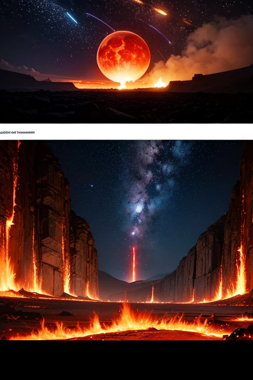 cybernetic planet on fire, mechanized earth crust, the earth sprouts lava, earth's red mantle is visible, hollow earth, vtm, canyons and ridges all across earth, volcanoes erupting, stars and galaxies in the background
