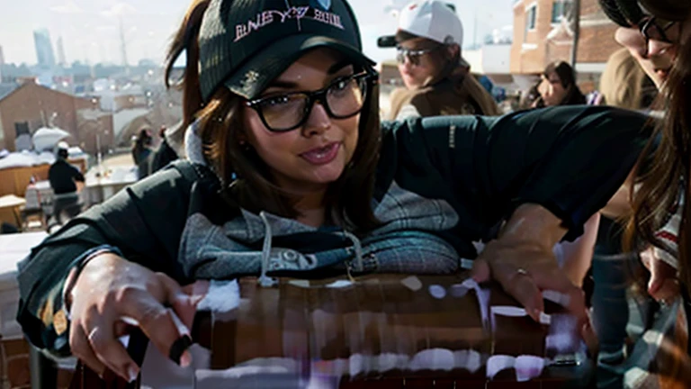 brunette ssbbw wearing leggings and a hoodie with glasses and a baseball cap stuck in the chimney