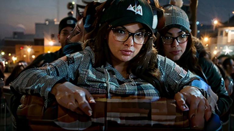 brunette curvy ssbbw wearing leggings and a hoodie with glasses and a baseball cap stuck in the chimney
