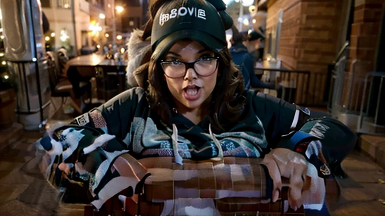 brunette curvy ssbbw wearing leggings and a hoodie with glasses and a baseball cap stuck in the chimney
