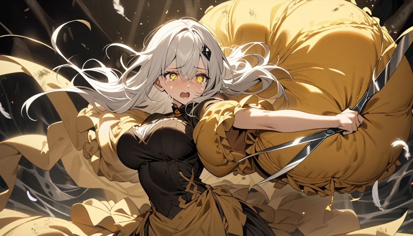 A woman, flowing white hair, melancholy eyes, yellow pupils, black diamond-shaped hairpin, A woman is cutting up a Tattered super huge golden silk cushion with scissors in a dirty way. Tiny feathers are dancing, crying,