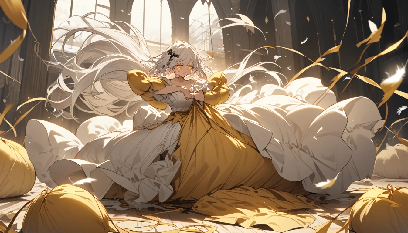 A woman, flowing white hair, melancholy eyes, yellow pupils, black diamond-shaped hairpin, A woman is cutting up a Tattered super huge golden silk cushion with scissors in a dirty way. Tiny feathers are dancing, crying,