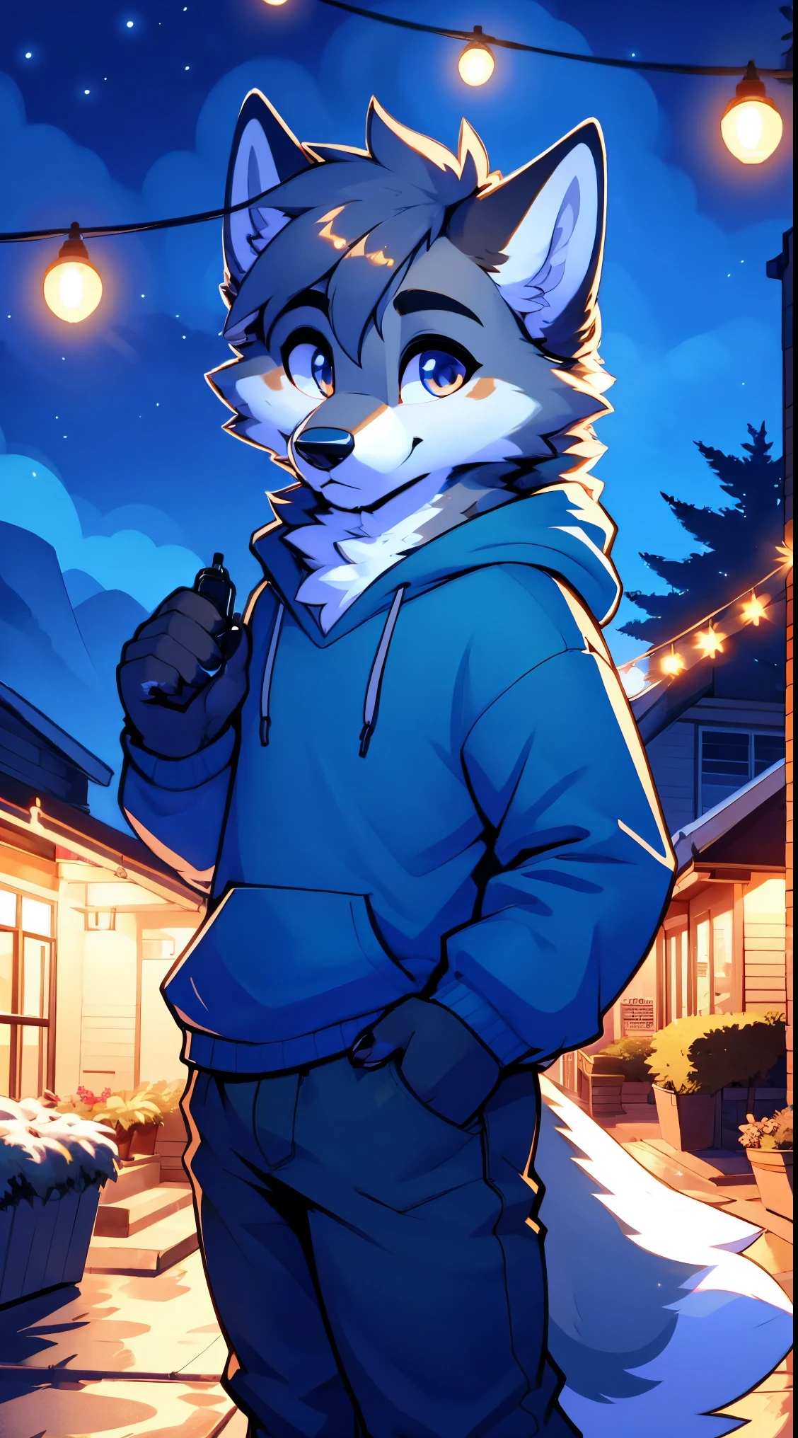 a full body, anthropomorphic brown wolf ??? wearing a blue hoodie, pants, wolf face, cute face, glossy fur, big fluffy neckfur, posing for a picture in a hill at night with a city in the distance