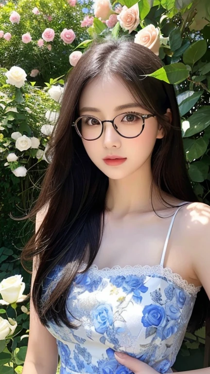 Masterpiece、highest quality、8k、Ultra HD、Ultra HDの写真、Japanese beauties in the shade, Beautiful white skin、Surrounded by plants，Wearing a black lace dress、Beautiful long black straight hair、Beautiful Hazel Eyes、Full body portrait、In the background is a garden with beautiful blue roses in full bloom、Always wears glasses