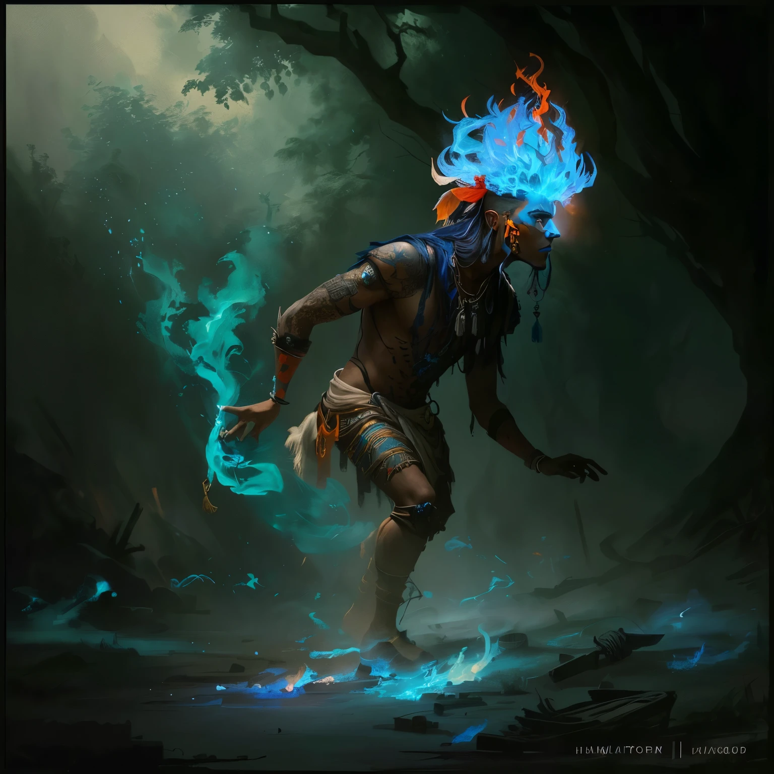 painting of a man with a fire head and a blue flame on his head, witch - doctor, ghost of the fire spirit, humanoid soul concept art, concept character art