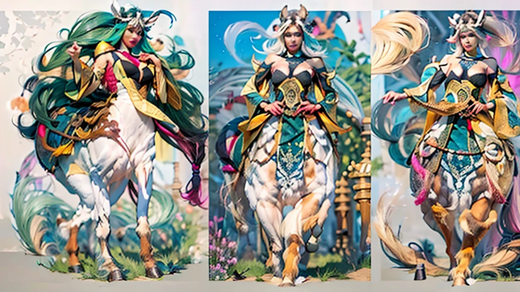 In the beautiful illustration of this super-grand scene,The ultra-distant lens shows us(More than eight distinctive Centaur characters:2.7),Their personality、Distinctive and vivid features。from(A radiant, angelic, snow-white centaur from heaven:1.1),arrive(Nightmare-like fiery red centaur surrounded by flames:1.1)、再arrive(Green Centaur, the wind fairy dancing in the air:1.1)、再arrive有(One-horned blue centaur surrounded by lightning:1.1),arrive(A mechanical-style mecha Centaur shining with metallic light:1.1)、再arrive(A powerful dragon-shaped centaur wearing colorful dragon scale leather:1.1)、再arrive(A slender elven centaur that is graceful and agile:1.1)Gracefully wears a flower crown、arrive(Enchanting and charming Tiflin centaurs:1.1)、再arrive(A succubus centaur with an indescribably sexy feeling:1.1)。Each Centaur character fully demonstrates his unique style。The illustration uses advanced artistic techniques and tools,Use nesting、Weaving、Splicing、perspective、interlude、Montage and other artistic techniques,Divide the scene into sections by geometric arrangement,Each part corresponds to a role,from而更有效地利用了空间,Make eight centaurs exist in one picture at the same time,(The style tends to be grotesque,abstract,fantasy,Gothic,Cthulhu,indescribable:3.3)。Through Midjourney's advanced brush tools、Color palette、Material packs和模型包、Texture tools,For each centaur, beautiful props are designed to increase racial characteristics、Clothing and physical features,Enhances the character's personality and visual appeal,The scenery in the illustrations is stunning,There are changing skies、rainbow、aurora、Stars and Moon。Incorporating iconic landmarks such as Mount Everest,and fireworks、Tranquil Lake、Natural and urban elements of waves and neon lights,Creates a magical atmosphere,Centaurs demonstrate their unique abilities and equipment in a variety of environments,This is true even in extreme alien landscapes。Use Midjourney's tools、Material packs、Texture tools、The color palette makes depicting details vivid and realistic,from复杂的发型和以及不同的种族特质、Body、Appearance features、服装arrive真实的纹理,Greatly improved the realism of the Centaurs and their surroundings,The fusion of multiple art styles adds dynamism to the character's movement at all angles,The overall visual experience is further enriched。The final illustration was described as a "masterpiece",It has the characteristics of "best quality" and "realistic",The details put into the creative process are shown、Level of creativity and craftsmanship。 hdr,(Reality,Masterpiece quality,Best quality)