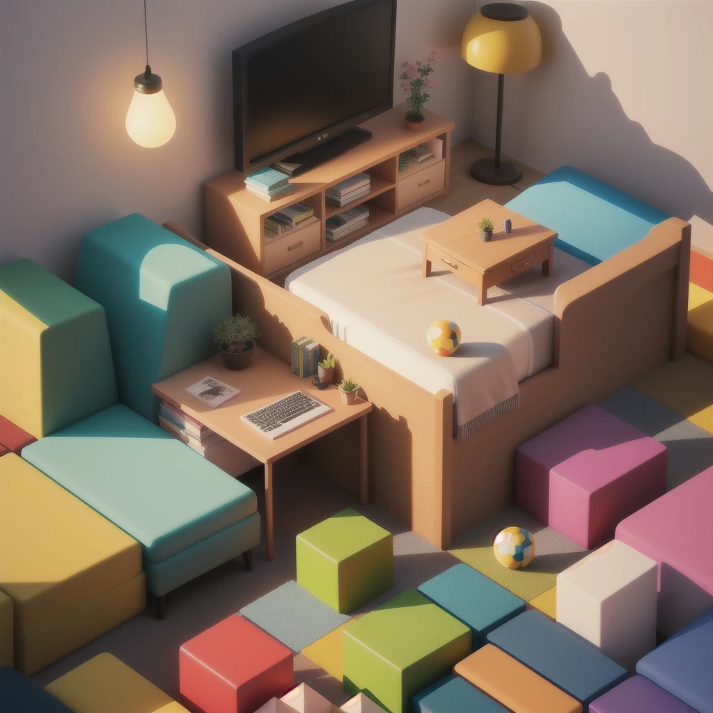 (Isometric perspective:1.5),(Pixar style:1.2), Room, bed, sofa,(small bonsai:0.8),desk lamp, TV, mural, 3D,Disney,Panoramic photo,White background, solid background,Global illumination, raytracing, modeling,HDR,octane render,unreal render,behance,dribbble,artstation,best quality, 8k,