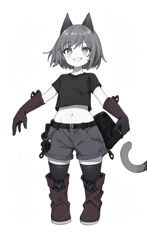 masterpiece, best quality, 1girl, pale skin, cat ears, cat tail. grey shirt, grey skirt shorts, black short hair, grey eyes, elbow gloves, boots, smile, rating_safe
