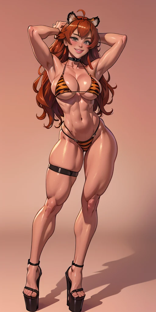 (Pink plain background) Eris Boreas Greyrat full body standing with two long thighs and high heels, big eyes, LONG messy bright RED hair, tiger bikini, hands up show shaved armpits, navel, smiling closed mouth (red blush) golden armbands, black choker