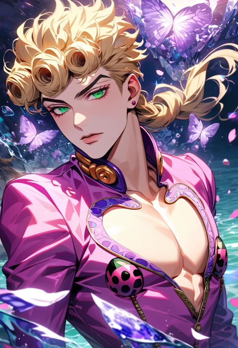 Ultra detailed, HDR, Highres, absurdres, master piece, Giorno Giovanna, blond hair, expressive green eyes, pink clothes with patterns, Jojo Bizarre Adventure, purple glittering butterflies, purple ice, petals, purple ice roses, sexy man, solo, extremely detailed face and eyes, extremely handsome, glittering, water,