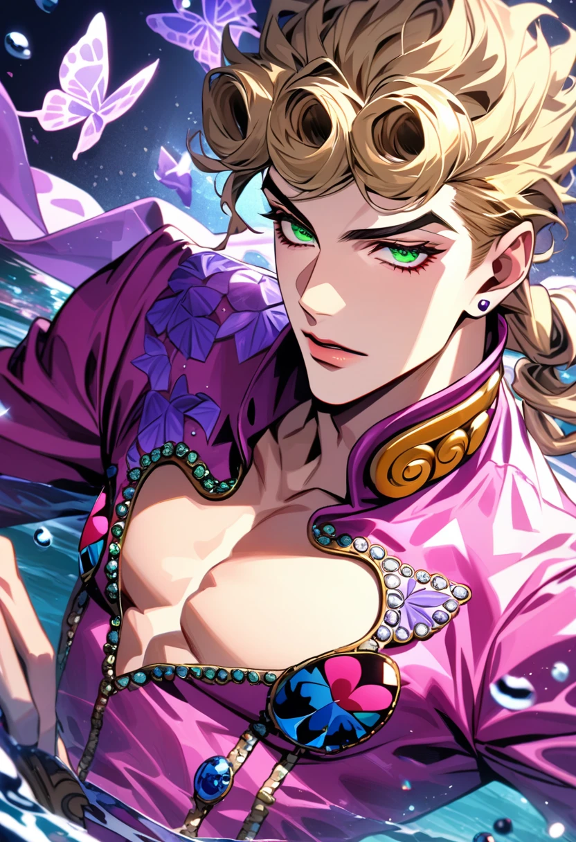 Ultra detailed, HDR, Highres, absurdres, master piece, Giorno Giovanna, blond hair, expressive green eyes, pink clothes with patterns, Jojo Bizarre Adventure, purple glittering butterflies, purple ice, petals, purple ice roses, sexy man, solo, extremely detailed face and eyes, extremely handsome, glittering, water,