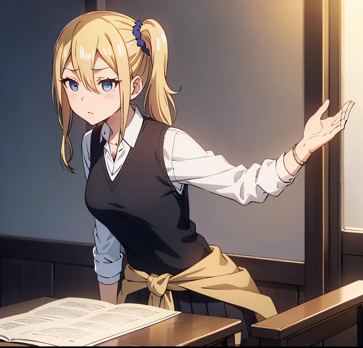 1girl, alone,Ai hayasaka,masterpiece, best quality, kaguya-sama wa kokurasetai ~tensai-tachi no renai zunousen~, black skirt, black sweater vest, blonde hair, blue eyes, blue scrunchie, blush, breasts, brown sweater, cleavage, clothes around waist, collar, collarbone, expressionless, eyelashes, hair between eyes, hair ornament, hair scrunchie, long hair, looking at viewer, miniskirt, pleated skirt, ponytail, , scrunchie, shirt, shuuchiin academy , side ponytail, sidelocks, simple background, skirt, sleeves rolled up, solo, sweater, sweater vest, thighs, indoors, classroom, very long hair, white collar, white shirt, perfect hands, perfect anatomy 