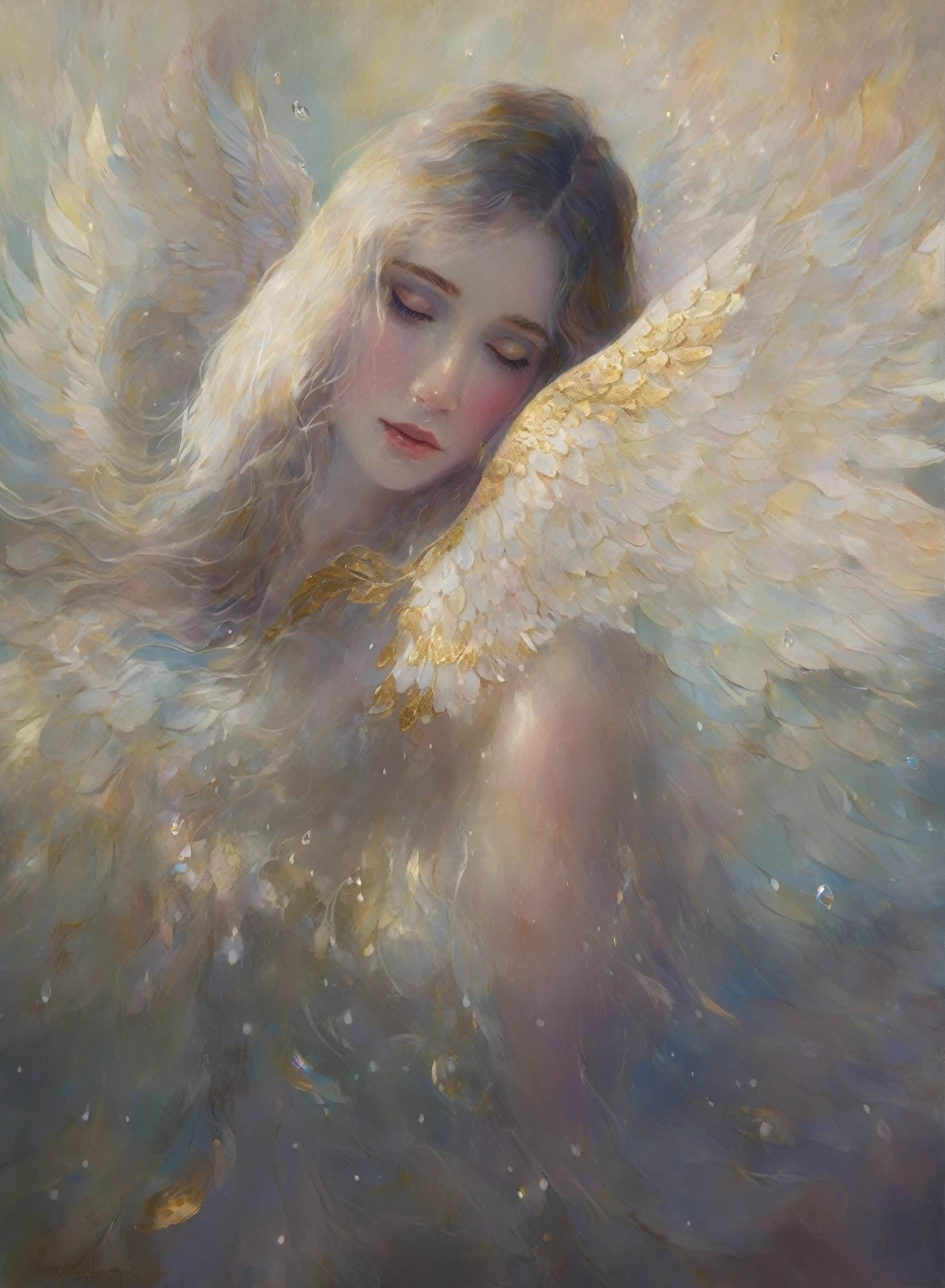 "(best quality,ultra-detailed),water element angel from lake,beautiful detailed eyes,beautiful detailed lips,flowing white dress,ethereal beauty,long flowy hair,golden halo,sparkling water drops,floating wings,soft ethereal light,impressionist painting style,vibrant colors,pastel color palette"