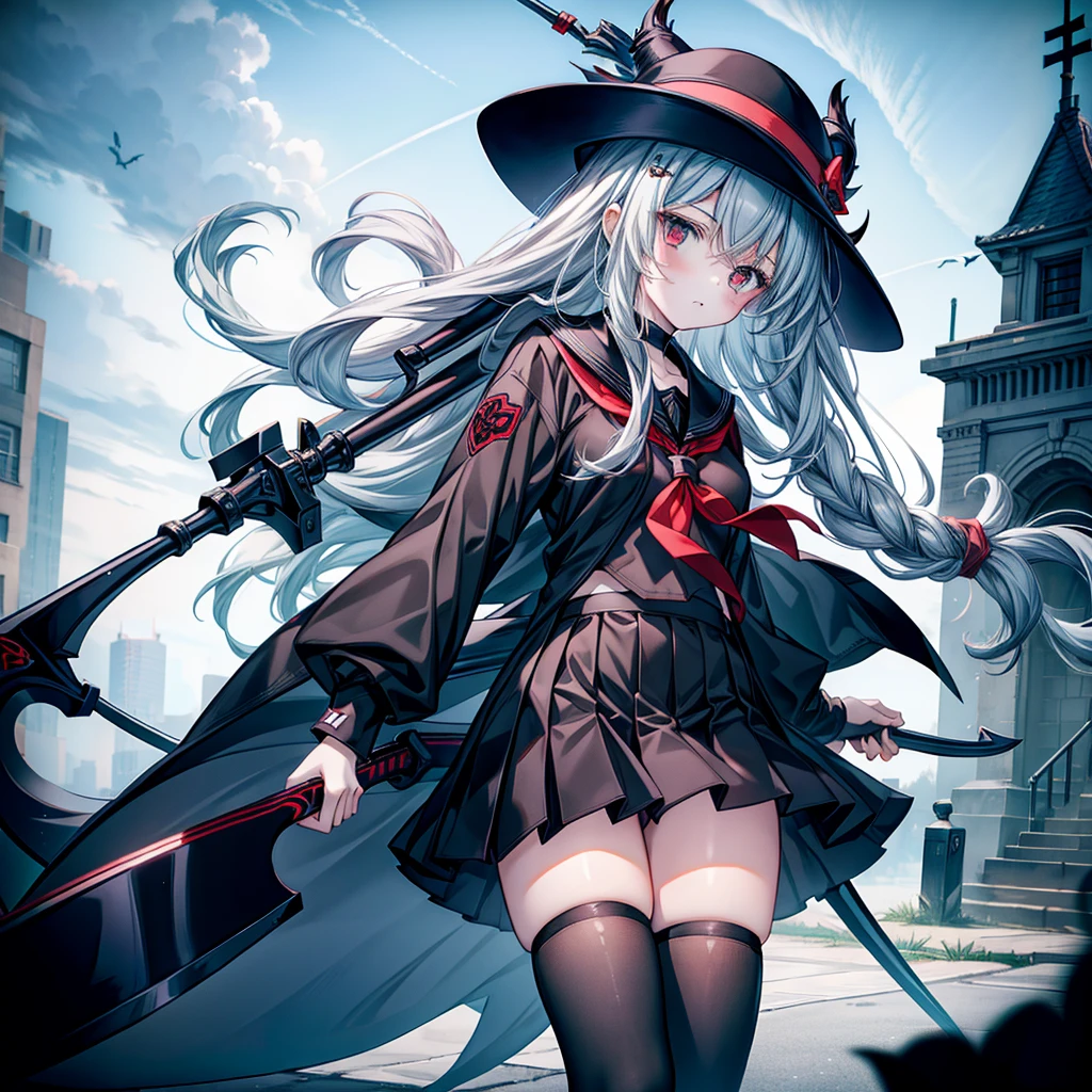 highest quality、Masterpiece、Official Art、The best composition、A high school girl vampire hunter wearing a black sailor uniform、Has the Grim Reaper's Scythe、Wind、deep focus,absurdres、detailed eyes and face、Blood splatter、Blood is dripping from the scythe、minaba hideo、
Grim Reaper's Scythe、