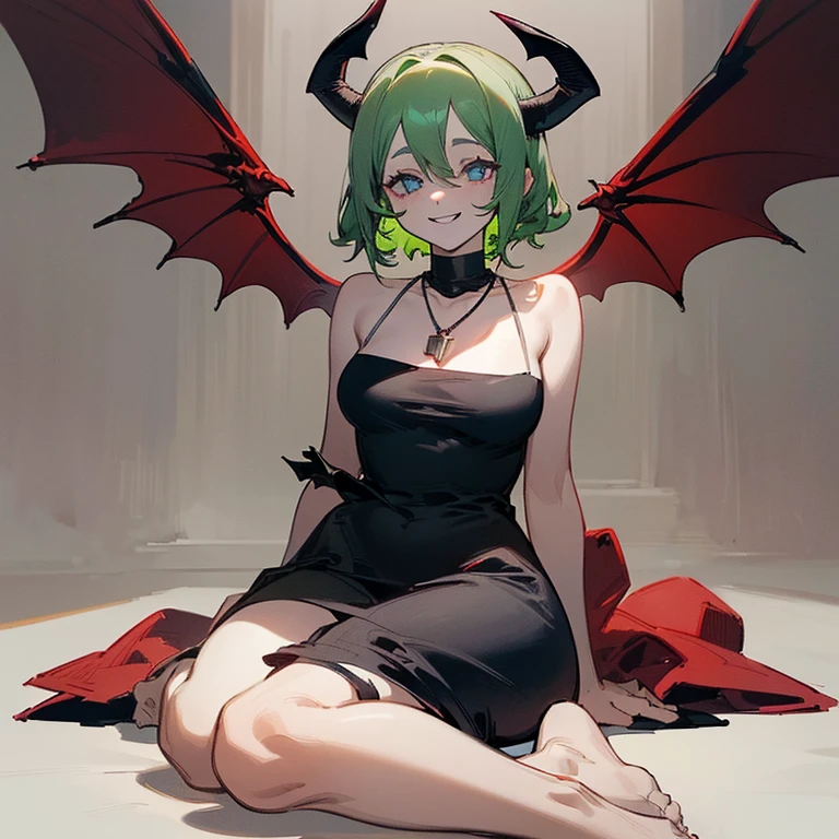 ((Masterpiece: 1.5, best quality, high resolution: 1.3, super resolution, super detailed, ultra detailed: 1.3, rich background: 1.2, Perfect Anatomy:1.5, 1 woman) pale skin + lime green hair + short wavy hair + blue eyes + curvy female figure + red horns and tails + red demon wings (delicate short loose clothing, minimal accessories, no shoes, a thick black necklace) ((open eyes, cute smile, friendly atmosphere, succubus))