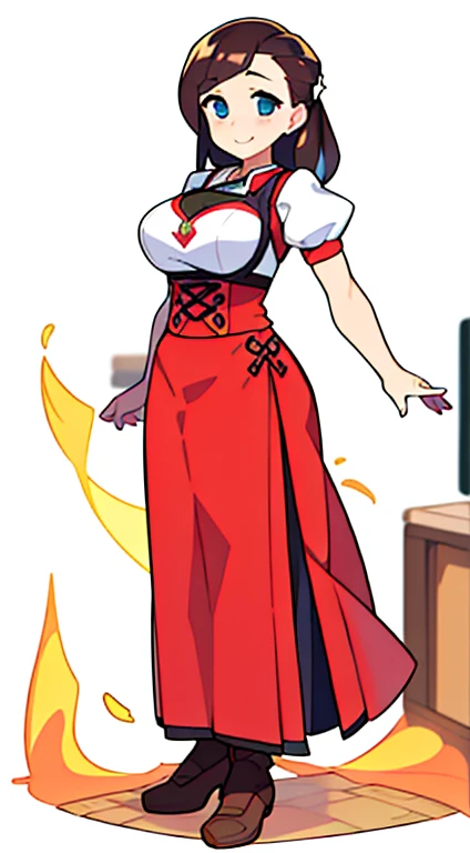 solo woman, (((blurry background, white background))), character focus, standing, full body, clerk, salesperson, Earth Tones Color outfit, dirndl,