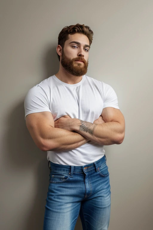 Un hombre con la cara se parece a braden werch., Su cuerpo es musculoso y pe barba dentada. Muy nalgon, in a moment of reflection. Full body. Camisa Fajada, jeans,
