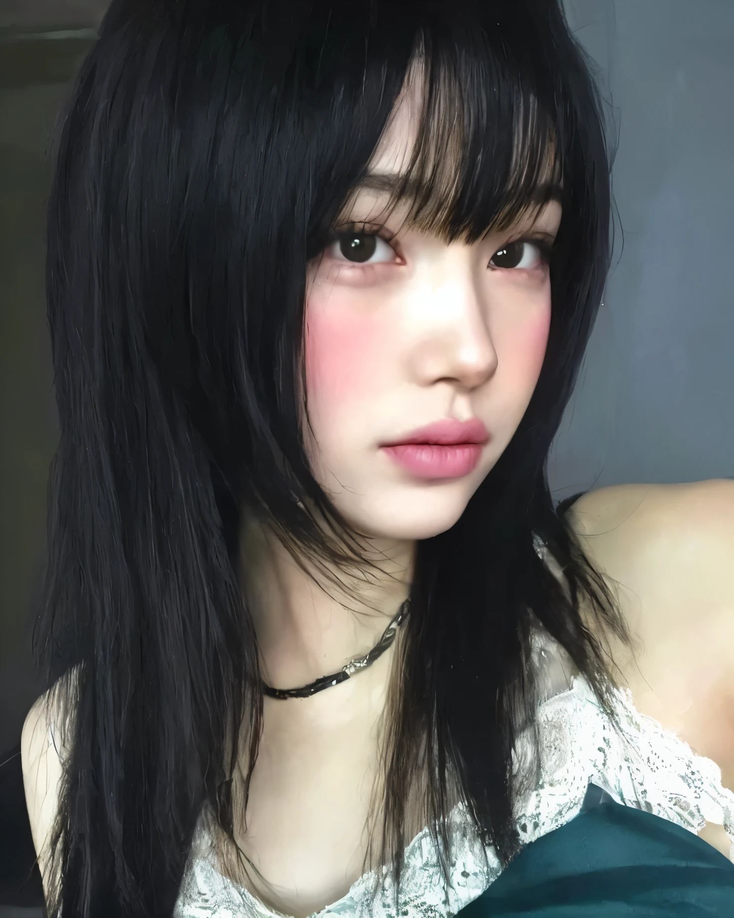 Delicade face, pink lips, fair skin, androgynous girl