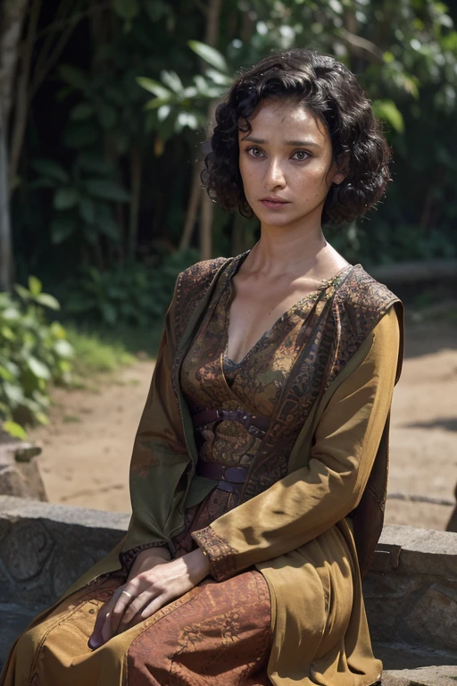 indiravarma, Ellaria Sand, 1 woman , long dress, sitting, curvy short hair, full body view 