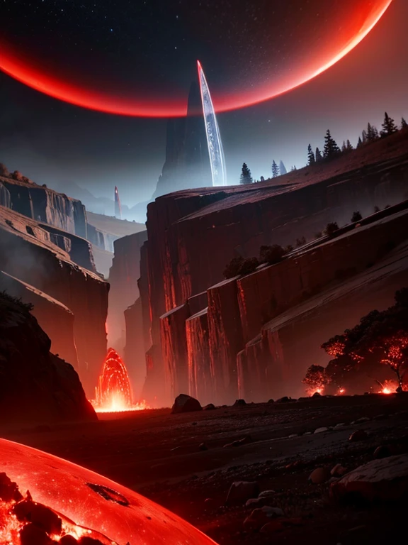 cybernetic earth with a red light inside, mechanized earth crust, the earth sprouts lava, earth's red mantle is visible, hollow earth, vtm, canyons and ridges all across earth
