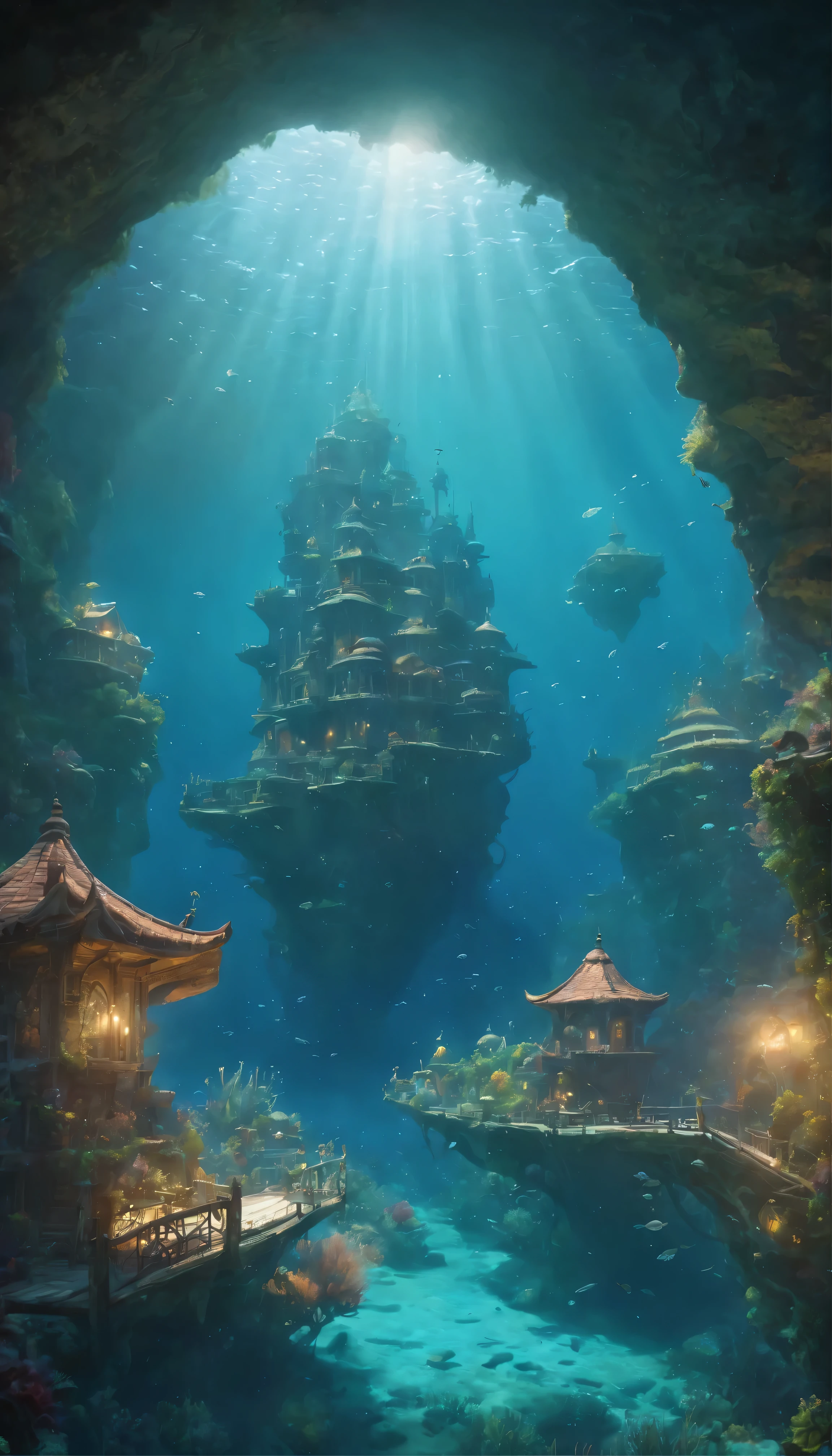 Fantastic underwater world(Color:1.2)In the abyss of、The irregularly shaped building evokes the whimsical artistry of Hayao Miyazaki.、Floating gracefully beneath the rolling waves。This architectural marvel is surrounded by patchwork cottages.、Its vibrant appearance、Blue appears to thrive in moist underwater environments々Decorated with moss decorations。The exterior of the building is intricately detailed.、The coral growth and iridescent light create a soft and elegant glow.。This underwater city、Concept art inspired by the amazing work of Andreas Rocha